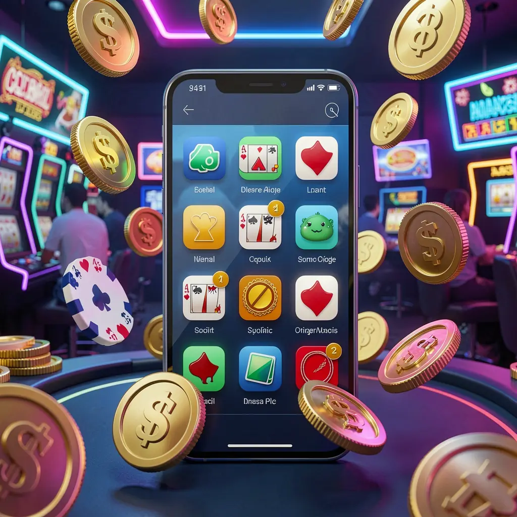 JTSPORTS Android casino app concept displayed on a modern phone with app icons, surrounded by floating golden coins and slot symbols in a neon casino atmosphere, realistic 3D render