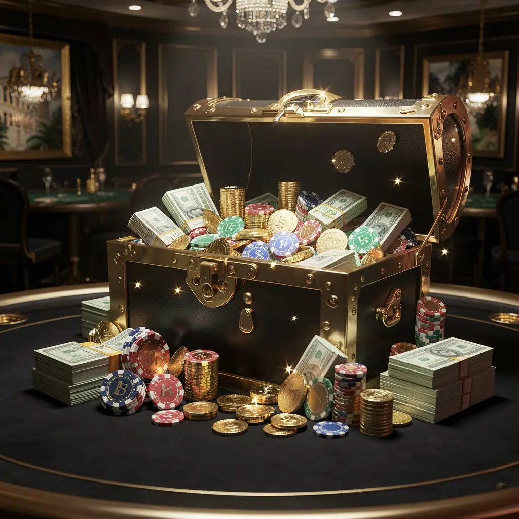 JTSPORTS casino rewards scene featuring a golden treasure chest overflowing with chips, cash bundles, and sparkling coins in an elegant black and gold style with dramatic lighting