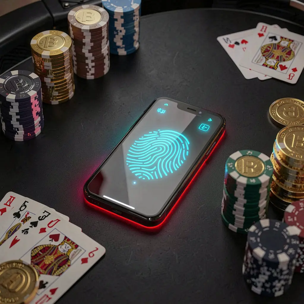 JTSPORTS online casino authentication concept showing a phone with a glowing fingerprint scan on a premium black table surrounded by poker chips, golden coins, and playing cards in a cinematic 3D render
