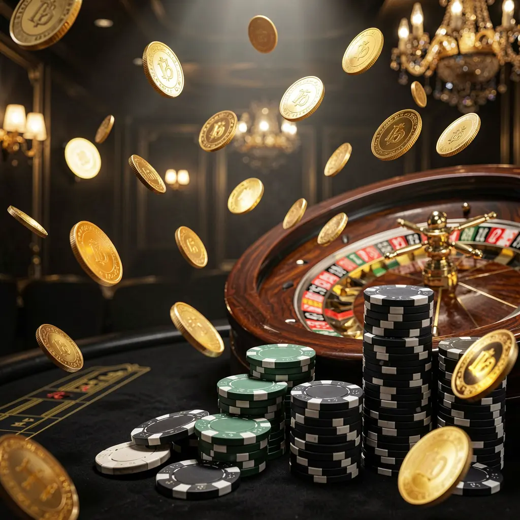 JTSPORTS online casino main page background featuring dramatic casino lights, flying golden coins, stacked poker chips in the foreground, and a roulette wheel behind in a luxury black and gold atmosphere